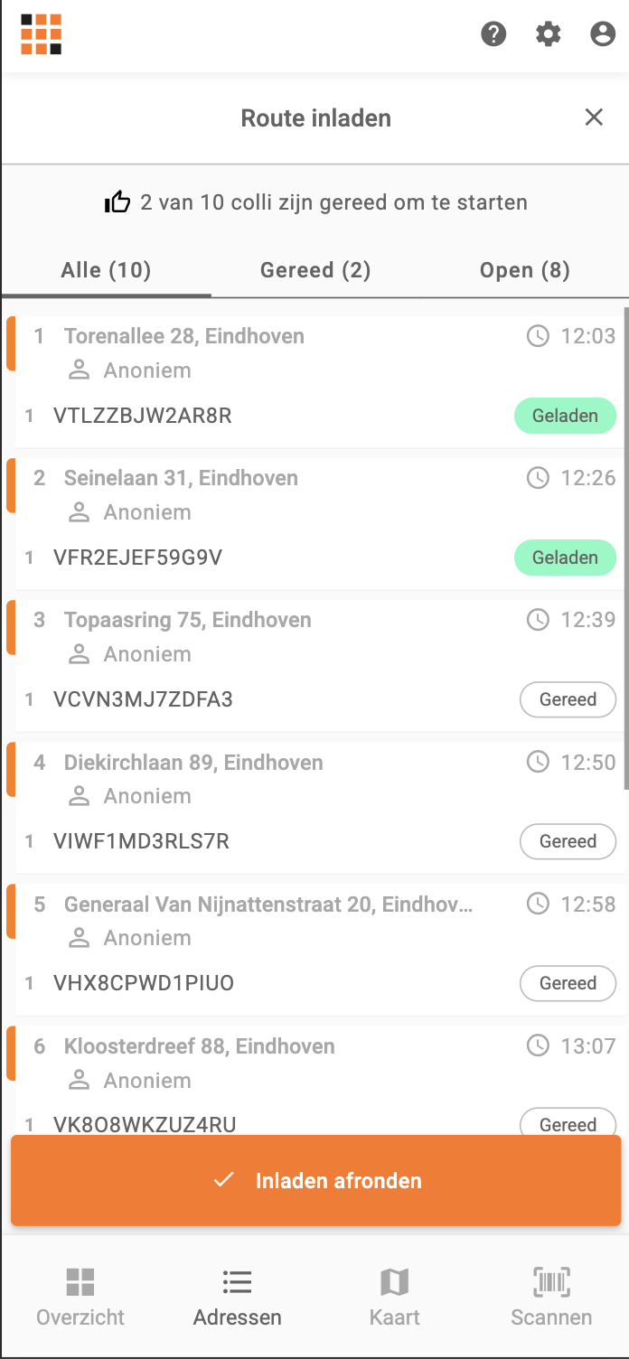 Route inladen via het menu Adressen
