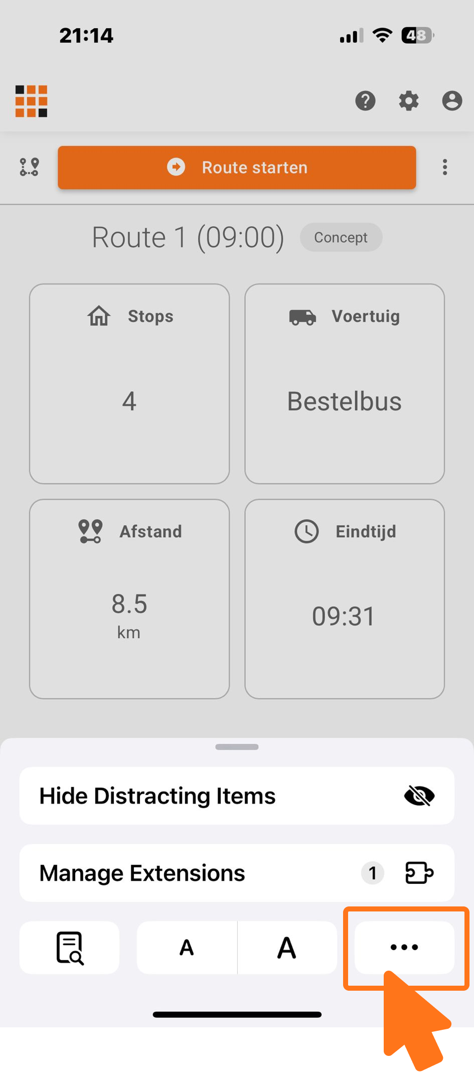 Driepuntsmenu voor meer instellingen