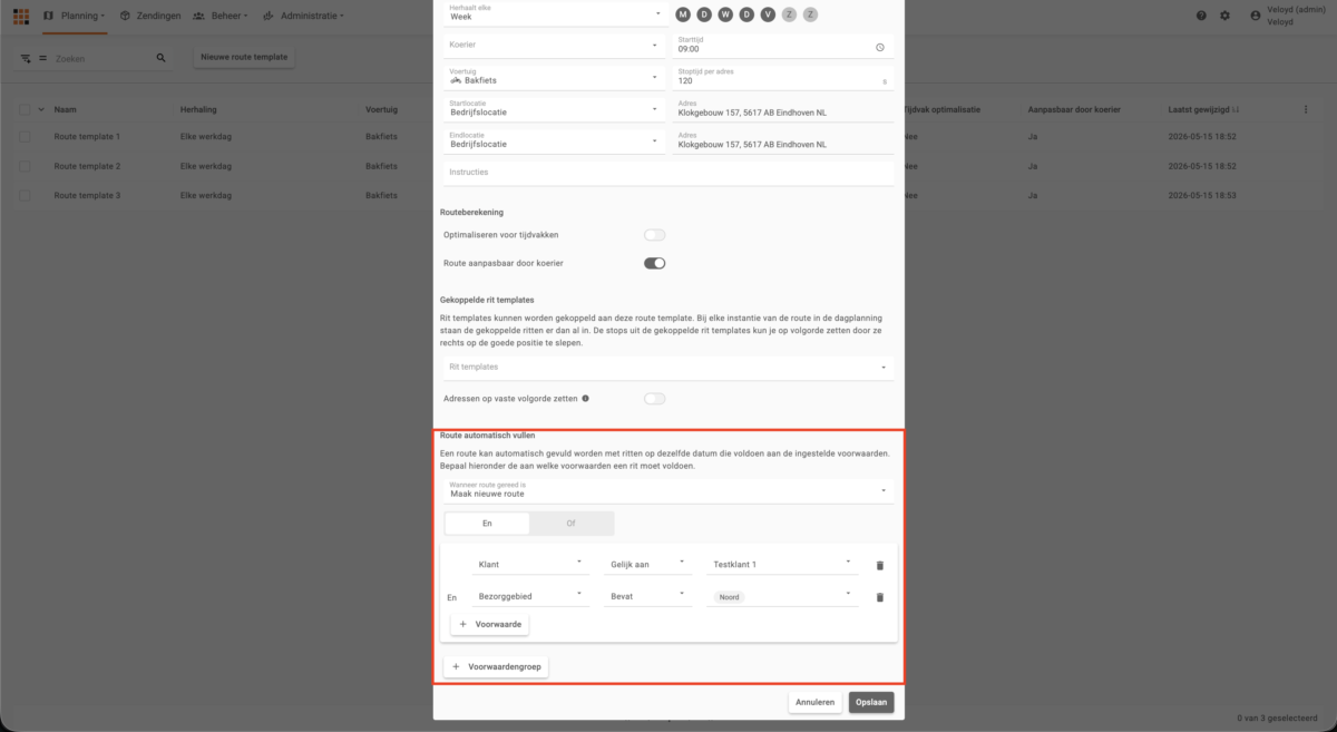 Route template – automatisch vullen