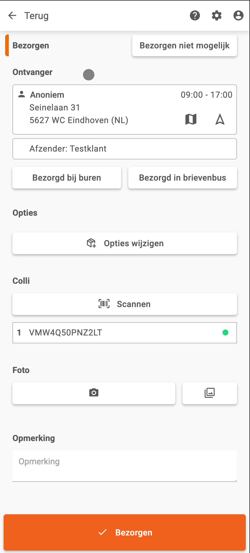 Bezorgscherm met alle adresopties