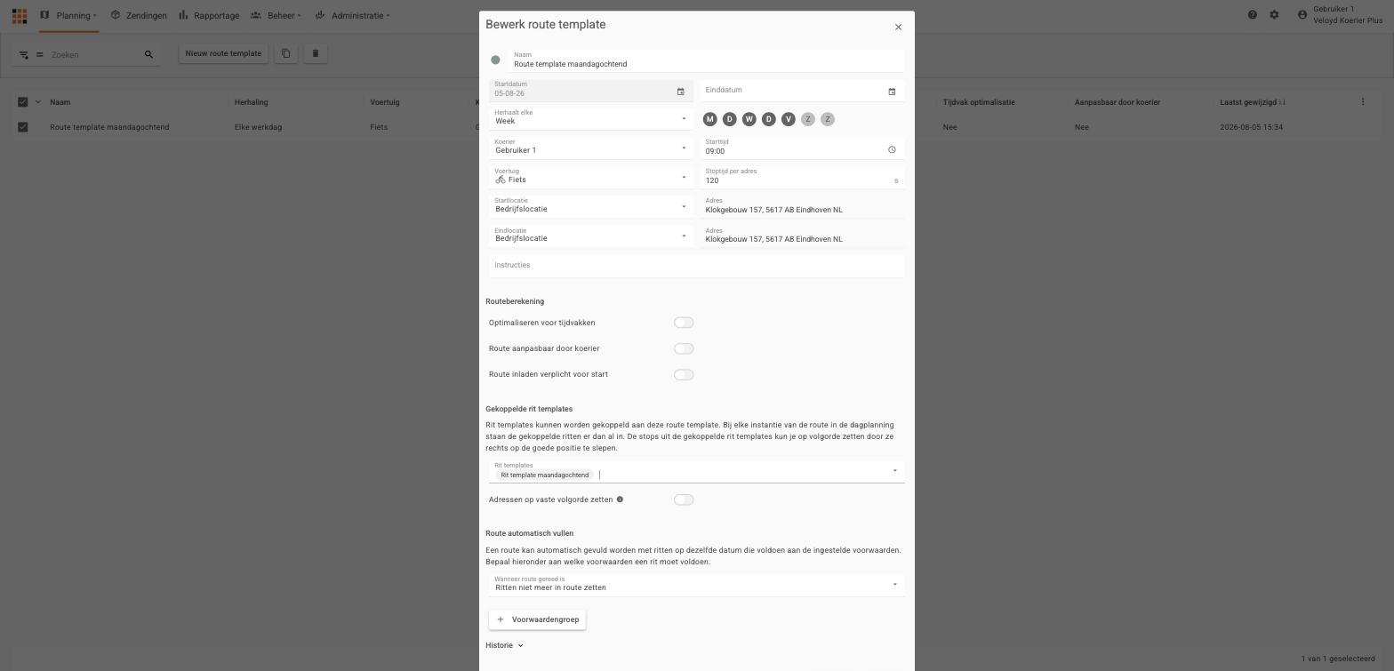 Route template met een gekoppeld rit template