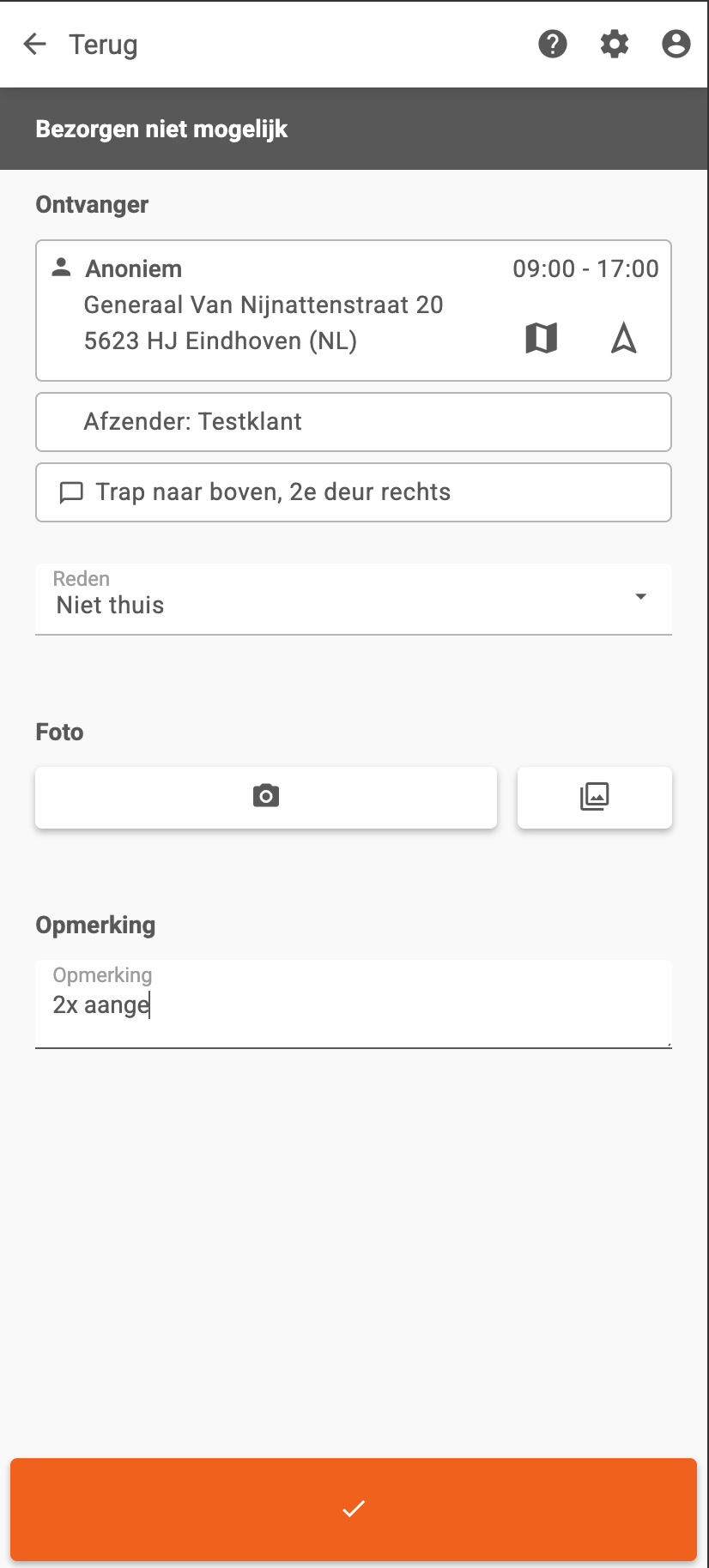 Bezorgen niet mogelijk, met gekozen reden