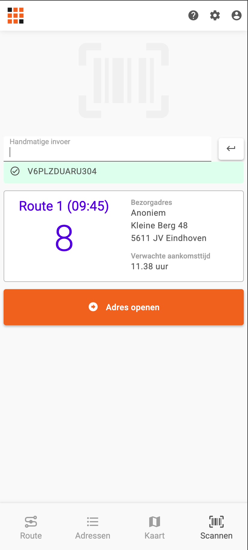 Scannen-tab met gescande colli