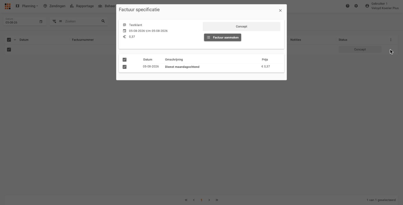 Factuurspecificatie met een gefactureerde dienst