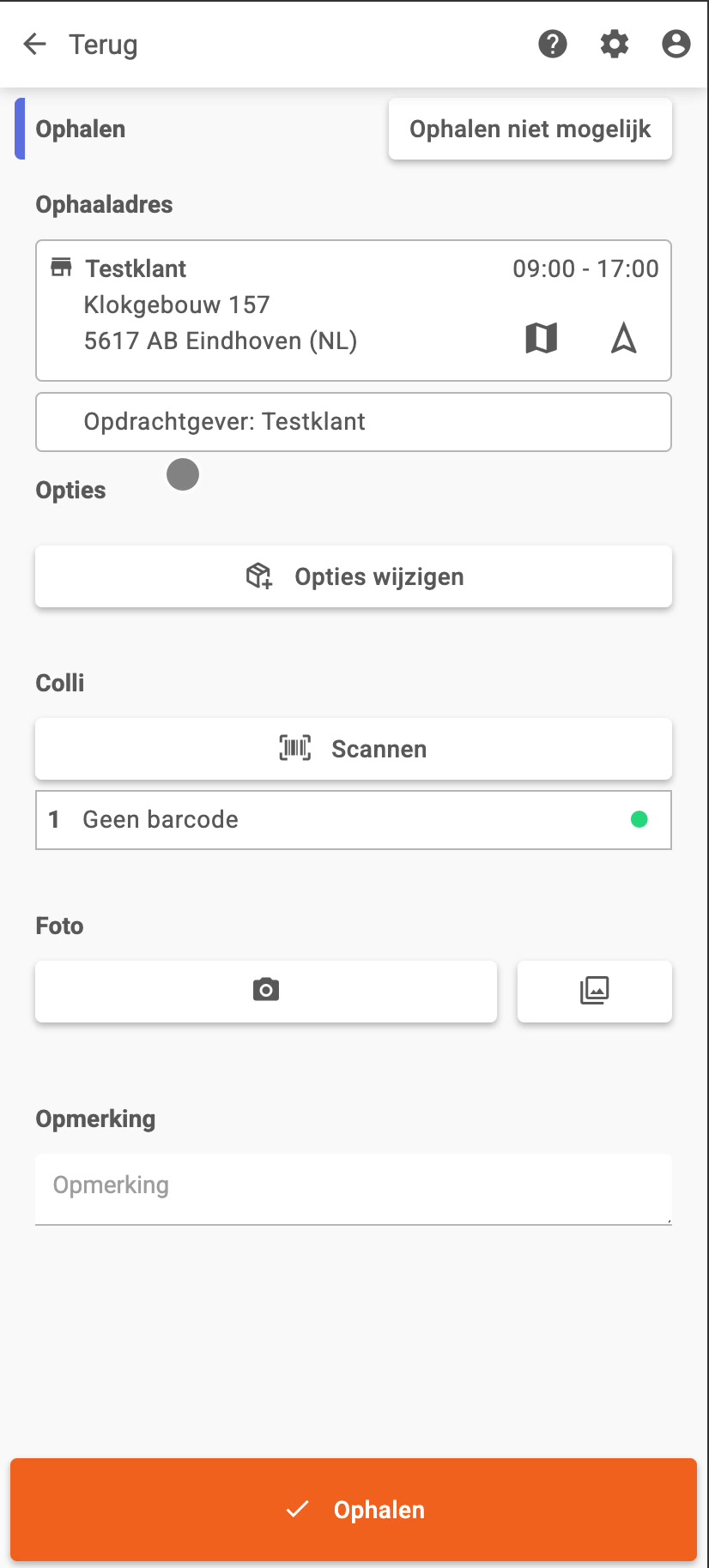 Ophaalscherm met opdrachtgever en colli
