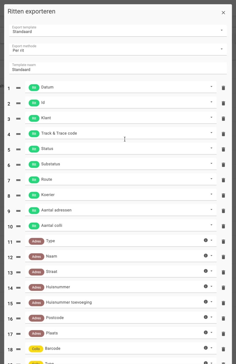 De knop om een exporttemplate te kiezen boven het rittenoverzicht