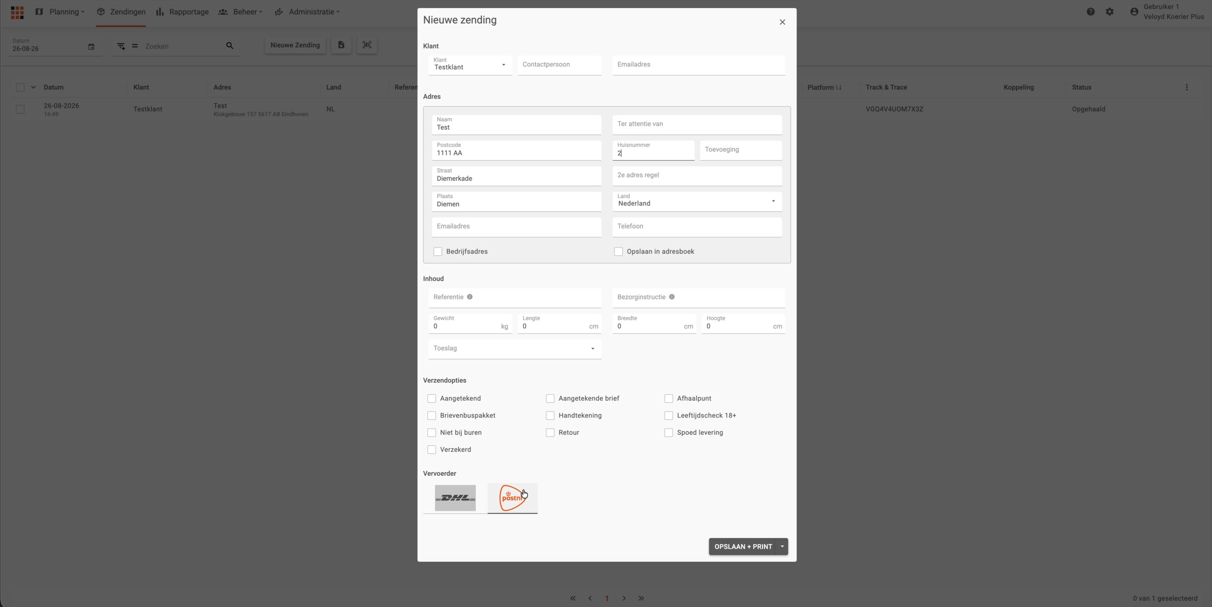 De verzendopties van PostNL in het scherm Nieuwe zending