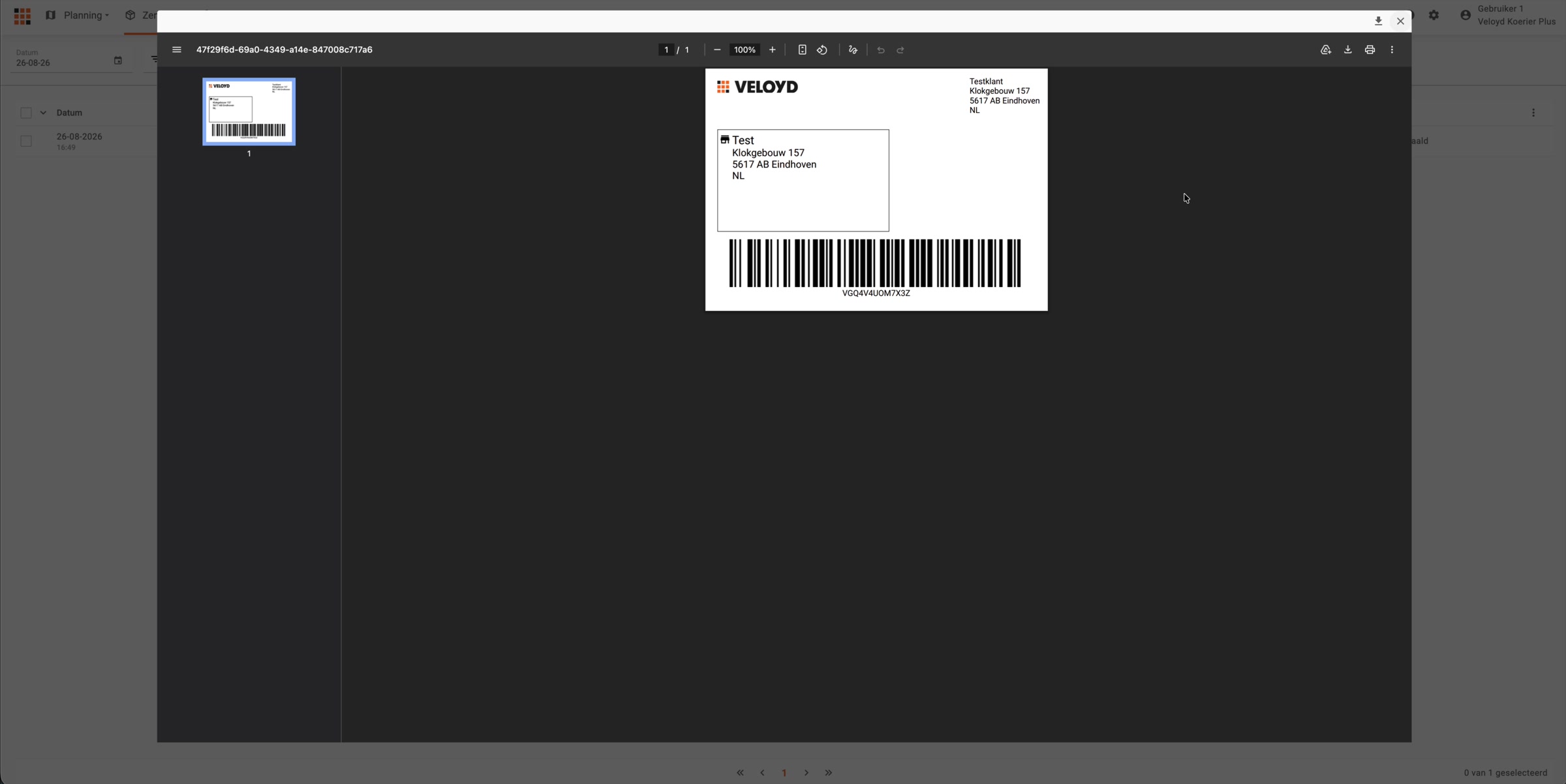 De actieknop met het printericoon om het label te printen