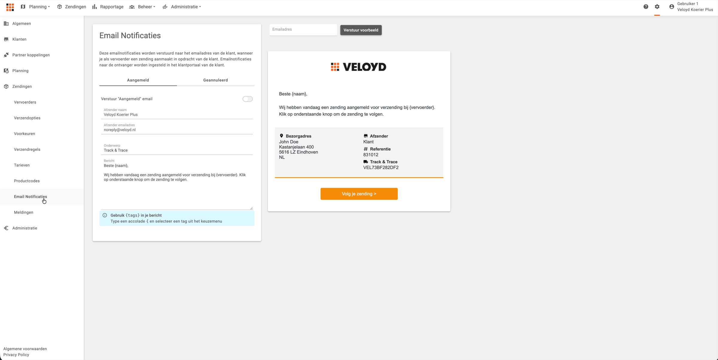 De instellingen voor e-mailnotificaties met daarin de tekst van de e-mail