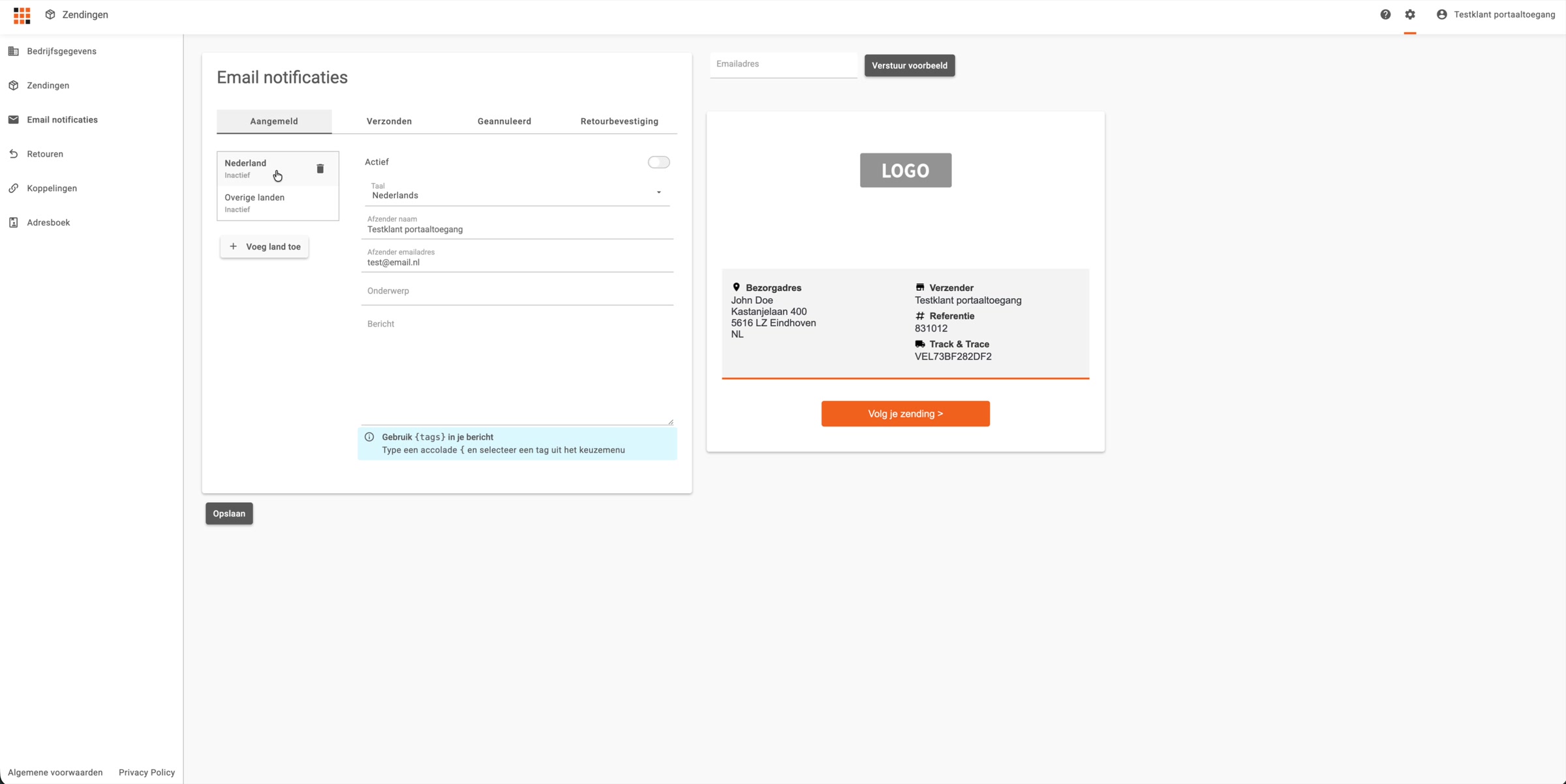 De notificatie-instellingen in het klantportaal, met de melding bij een retourzending
