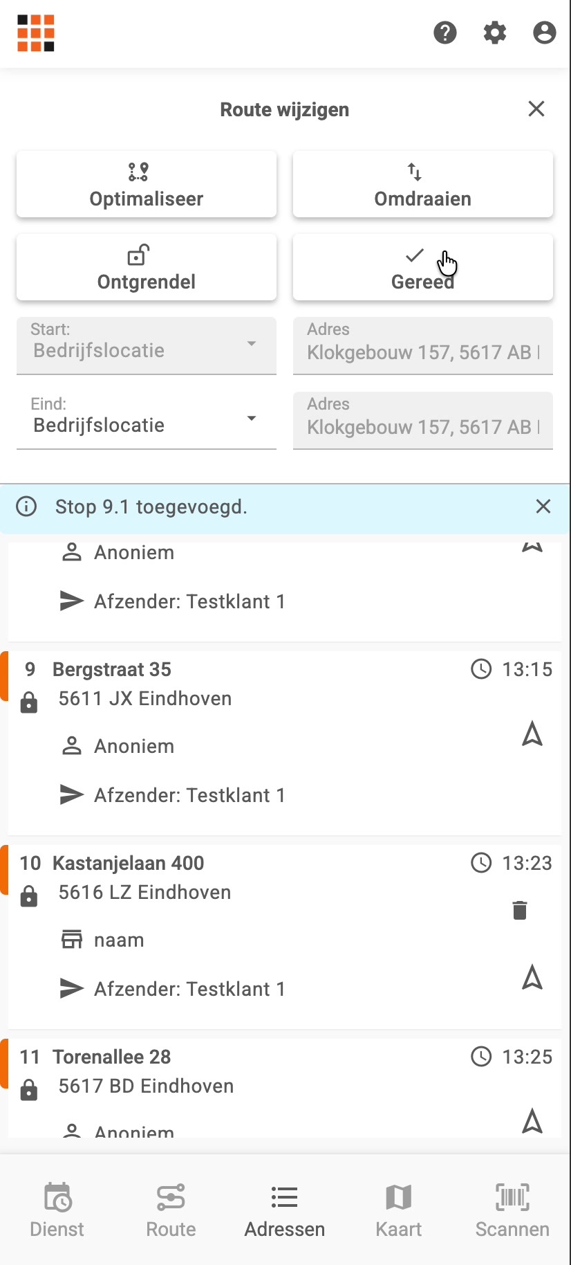 Route wijzigen: alle stops weer vergrendeld