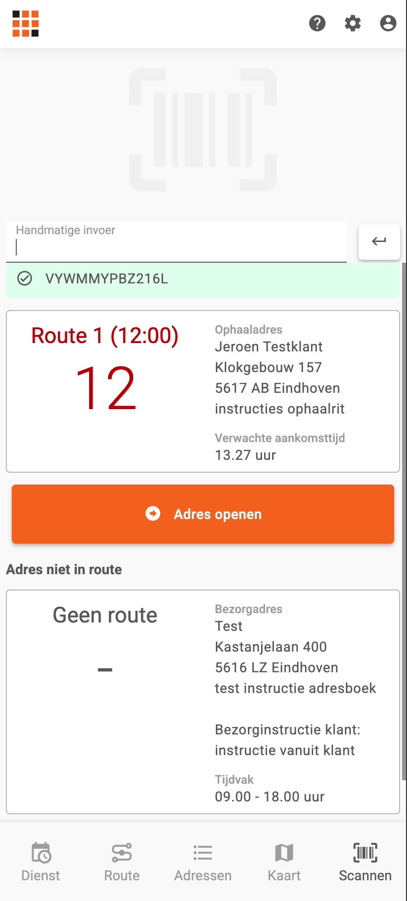 Scanresultaat van een barcode waarvan het adres niet in de route zit