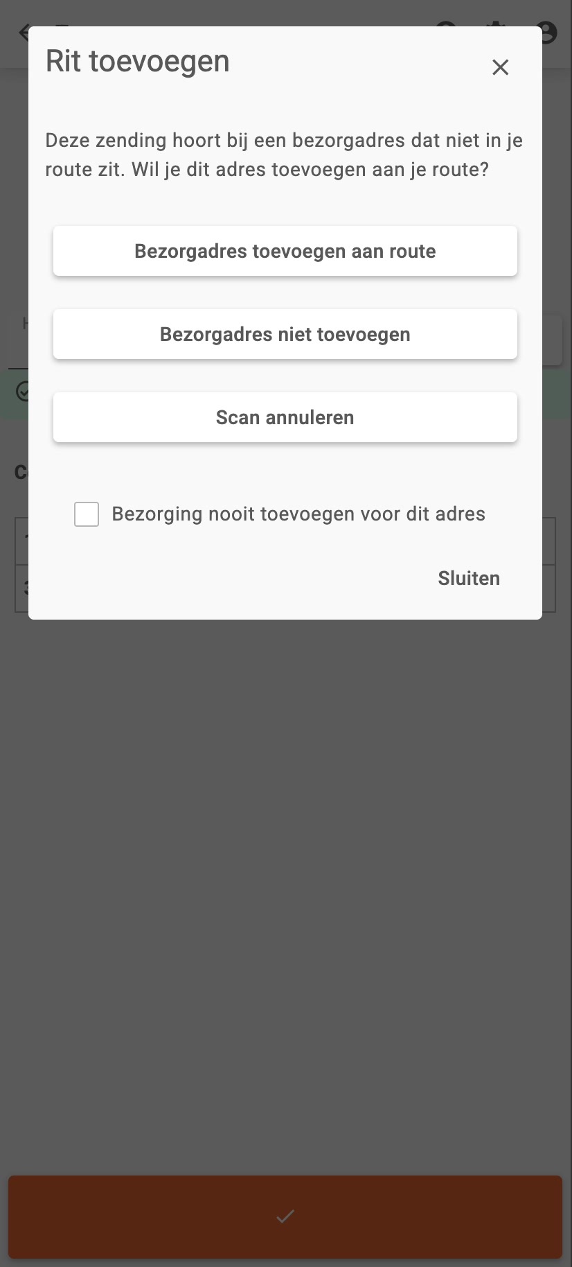 Dialoogvenster Rit toevoegen bij het scannen van een colli met een nog niet toegevoegd bezorgadres