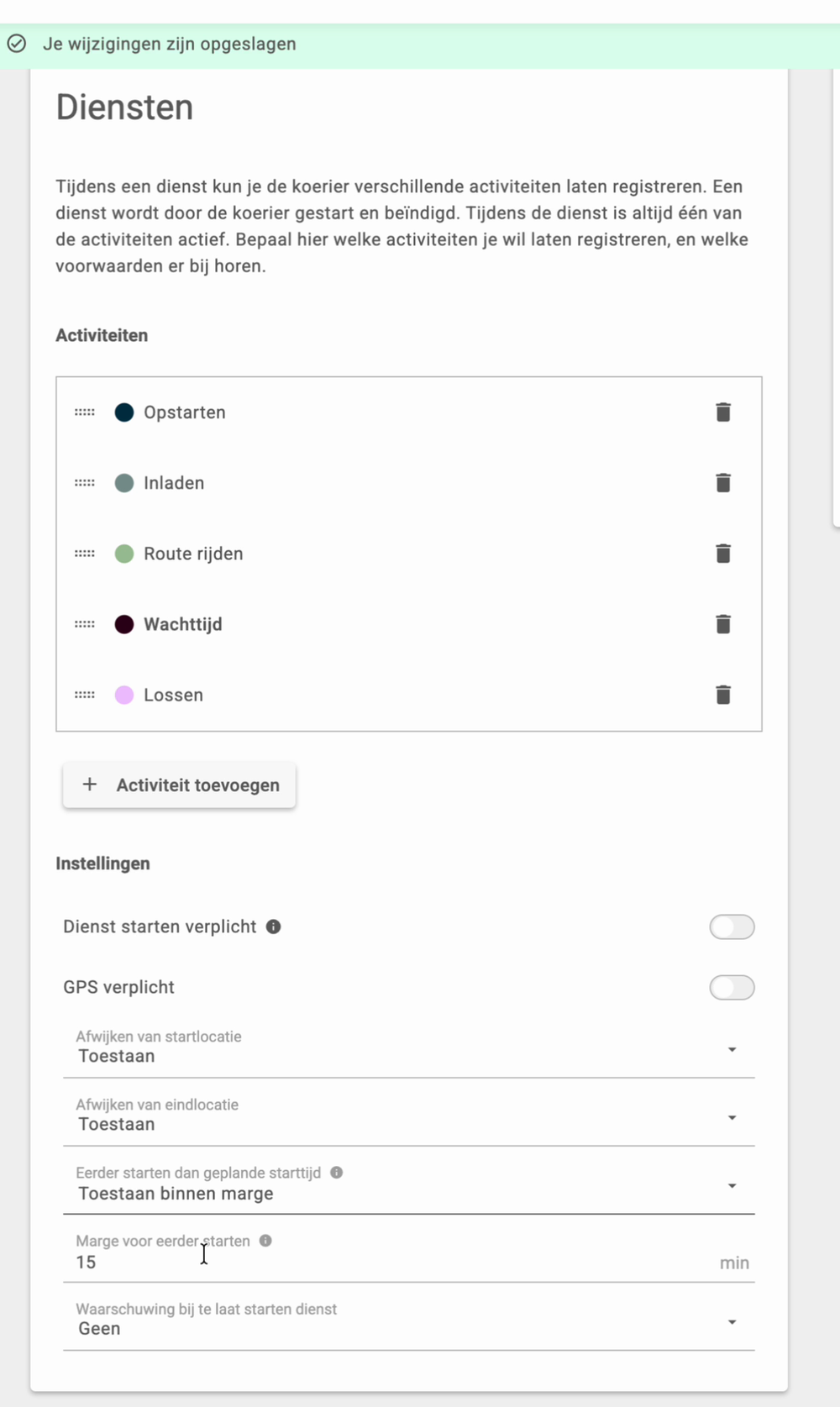 De pagina Diensten onder Instellingen met de activiteiten en de algemene instellingen