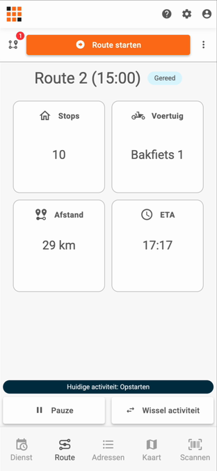 De route staat klaar met onderin de huidige activiteit en de knop Route starten