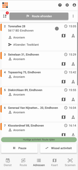 De adressenlijst met de actieve activiteit Route rijden