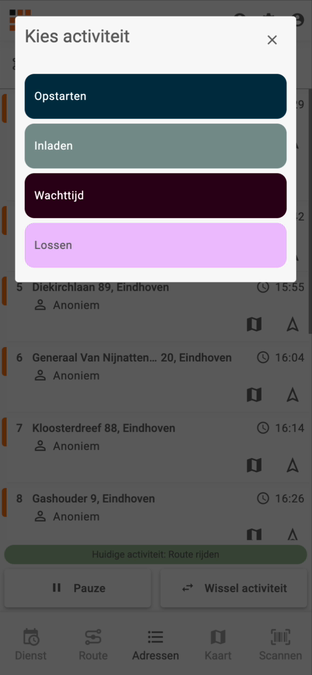 De activiteitenlijst tijdens het rijden van een route