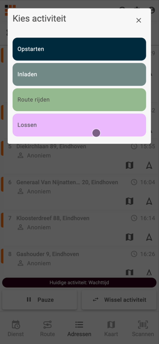 De activiteitenlijst tijdens de wachttijd met Route rijden als keuze