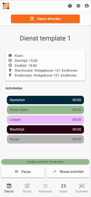 Het dienstoverzicht met de duur per activiteit
