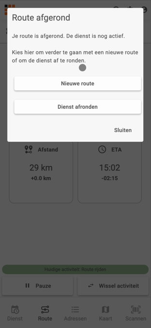 Na het afronden van de route kies je tussen een nieuwe route en het afronden van de dienst
