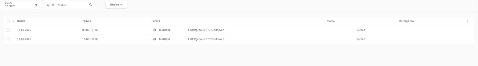 Het overzichtsscherm van het menu Ritten met statuskolom