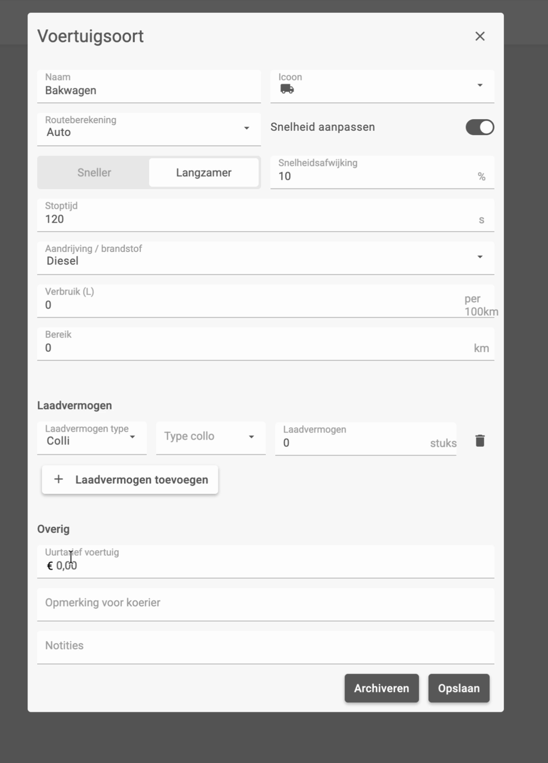 Het formulier van een voertuigsoort met snelheidsafwijking, stoptijd, aandrijving en laadvermogen