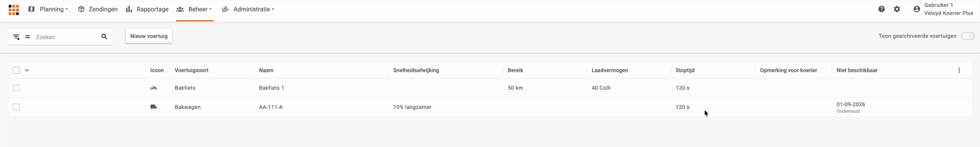 Het voertuigenoverzicht onder Beheer, Voertuigen