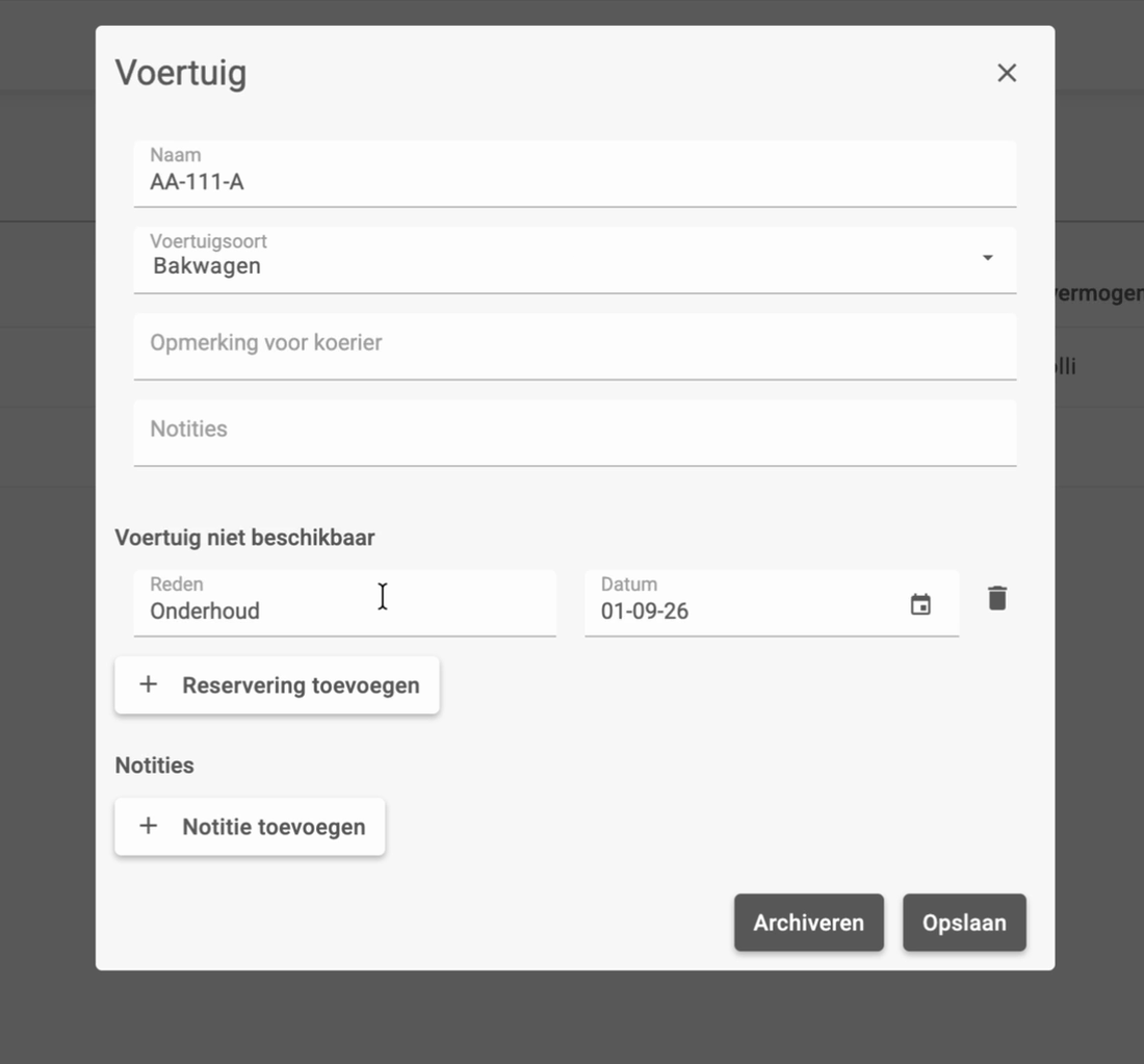 Het formulier van een voertuig met opmerking, notities en reserveringen