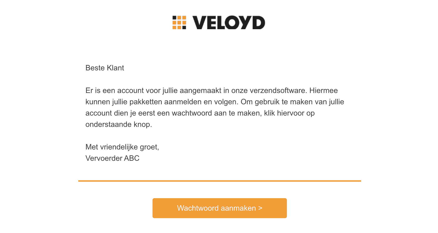Welkomstmail die de klant ontvangt na het activeren van klantportaaltoegang
