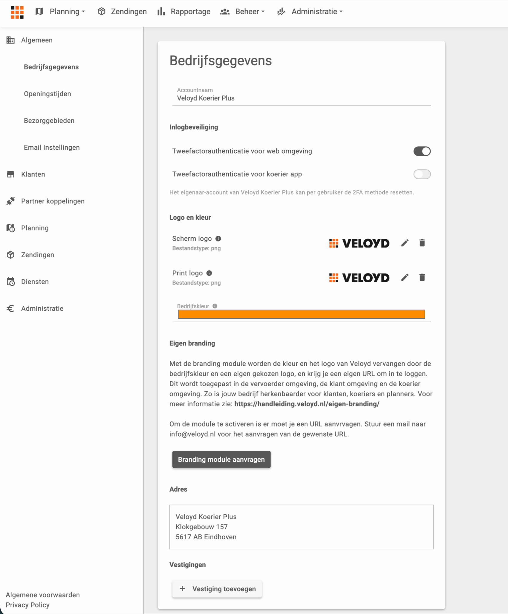 De pagina Bedrijfsgegevens met links het instellingenmenu en rechts de accountnaam, inlogbeveiliging, logo en kleur, eigen branding en het adres