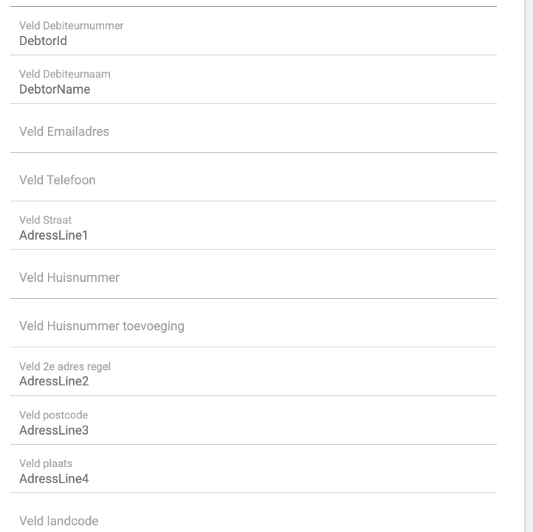 De velden waarin je opgeeft hoe de kolommen in de getConnector heten, met de standaardnamen als voorbeeldtekst