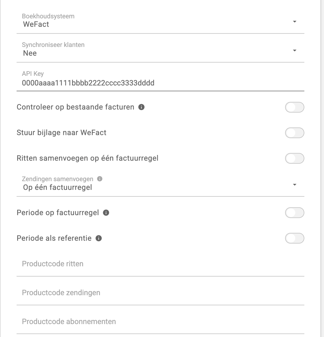 De instellingen van de WeFact-koppeling met API Key, schakelaars en productcodes
