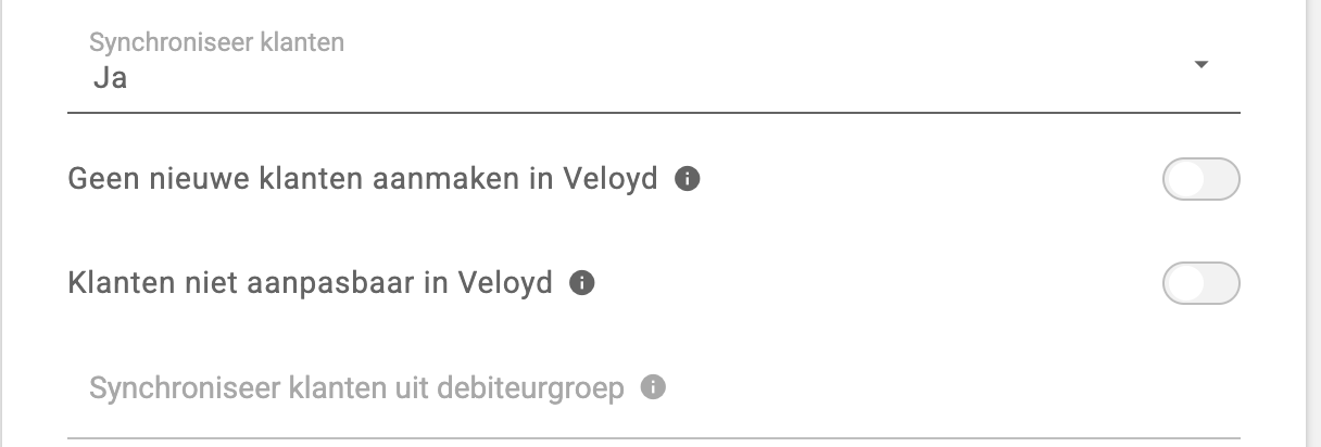 De schakelaars Geen nieuwe klanten aanmaken in Veloyd en Klanten niet aanpasbaar in Veloyd met het veld voor de debiteurgroep