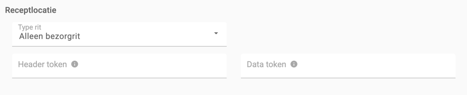 Het blok Receptlocatie met de velden Type rit, Header token en Data token