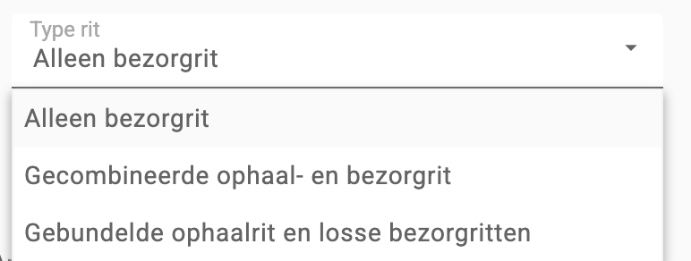 De geopende keuzelijst Type rit met de opties Alleen bezorgrit, Gecombineerde ophaal- en bezorgrit en Gebundelde ophaalrit en losse bezorgritten