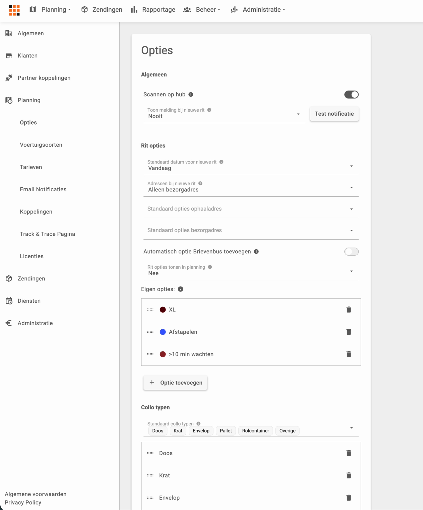 De pagina Opties onder Planning met de blokken Algemeen, Rit opties, Eigen opties en Collo typen