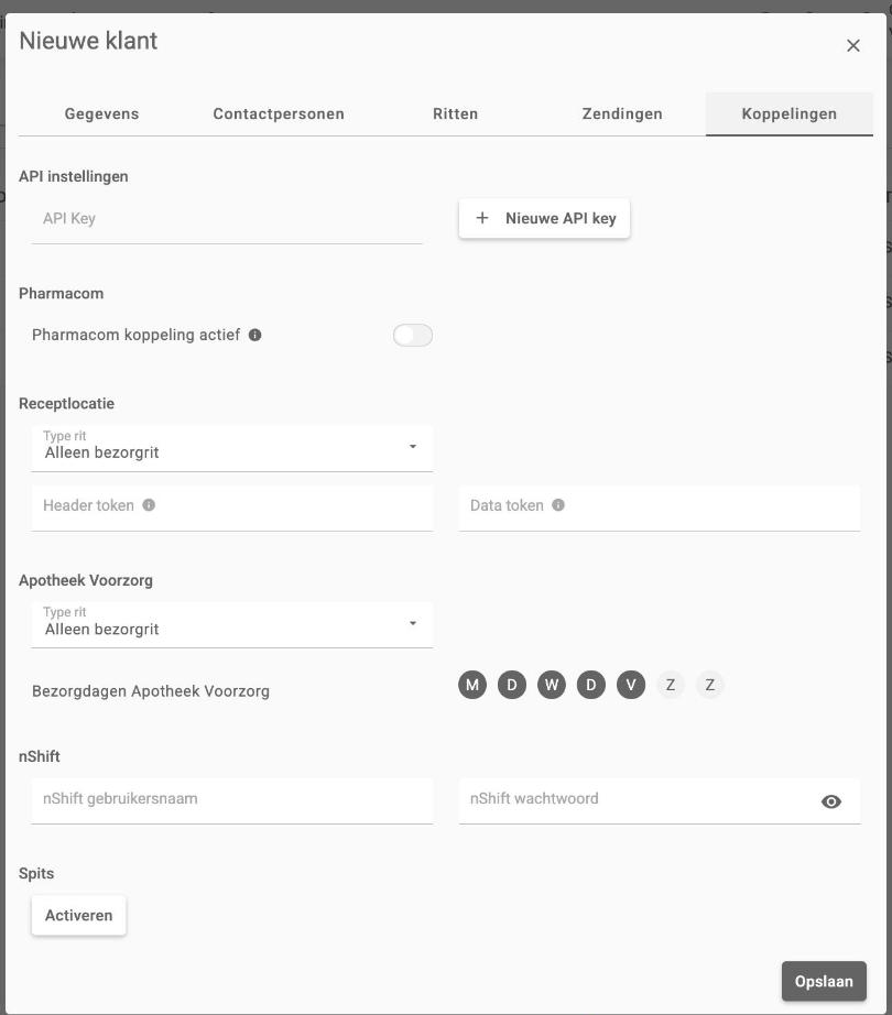 Het tabblad Koppelingen met de API instellingen en de beschikbare koppelingen