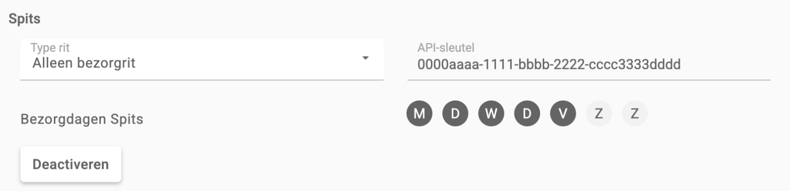 Het blok Spits na activeren, met Type rit, API-sleutel, Bezorgdagen Spits en de knop Deactiveren