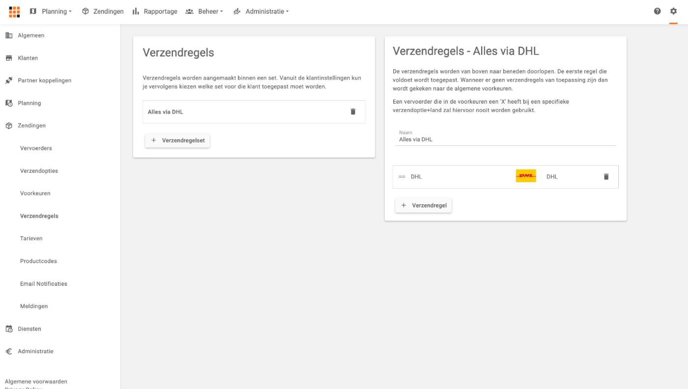 Een verzendregelset met de regels per vervoerder