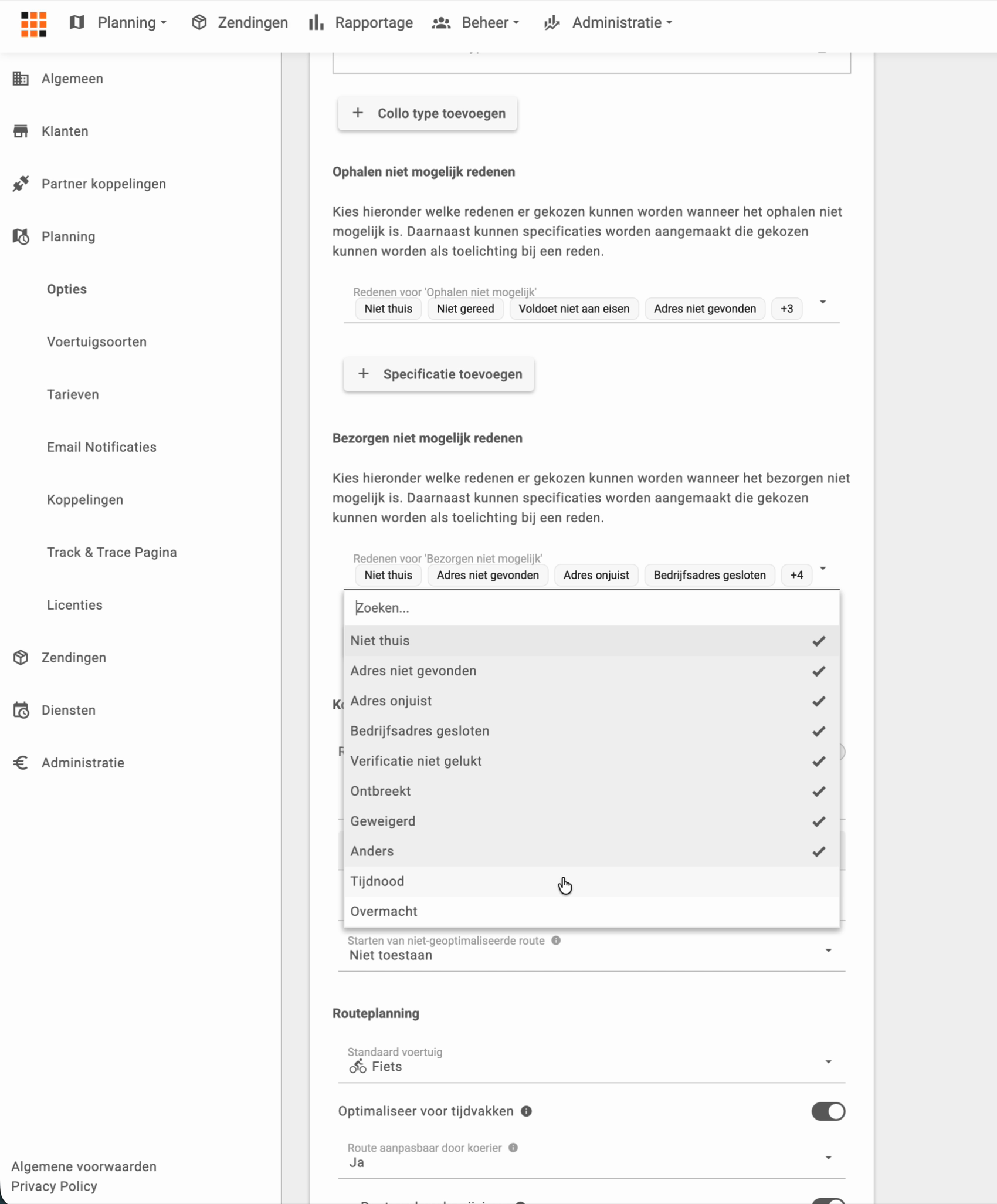 Het geopende keuzemenu met redenen voor Bezorgen niet mogelijk, waarin de aangevinkte redenen een vinkje hebben