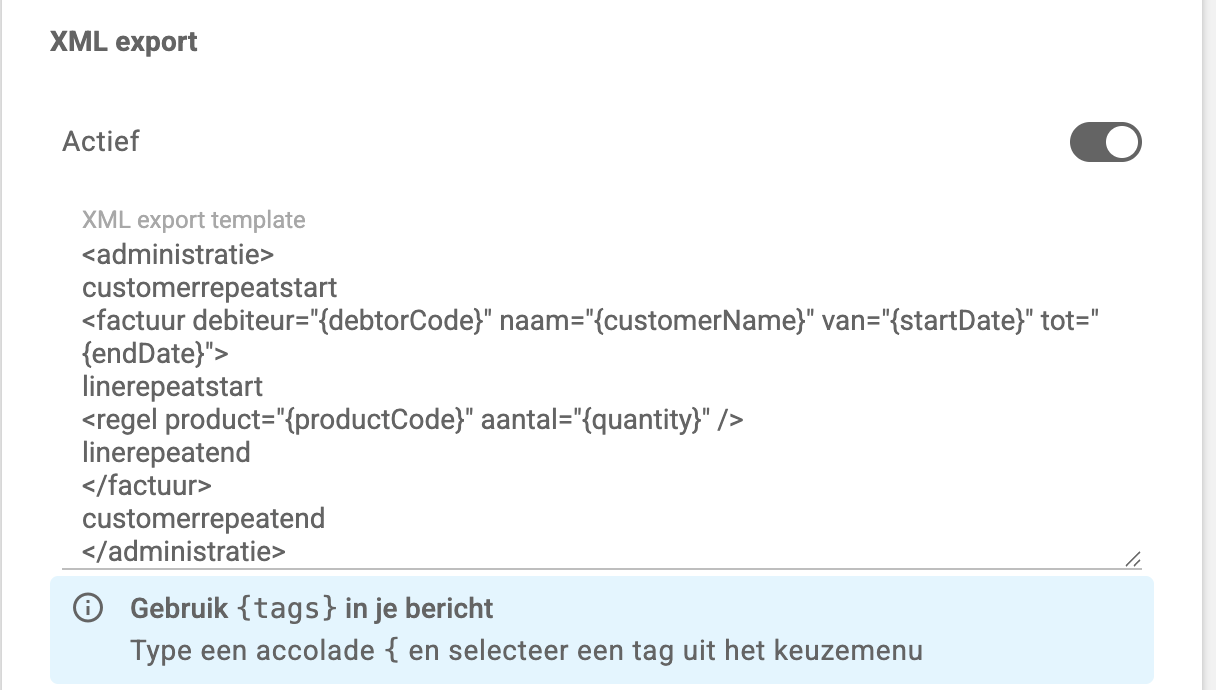 Het blok XML export met de schakelaar Actief en een ingevulde XML export template