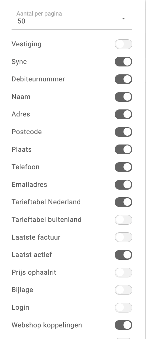 Het driepuntsmenu met Aantal per pagina en een schakelaar per kolom