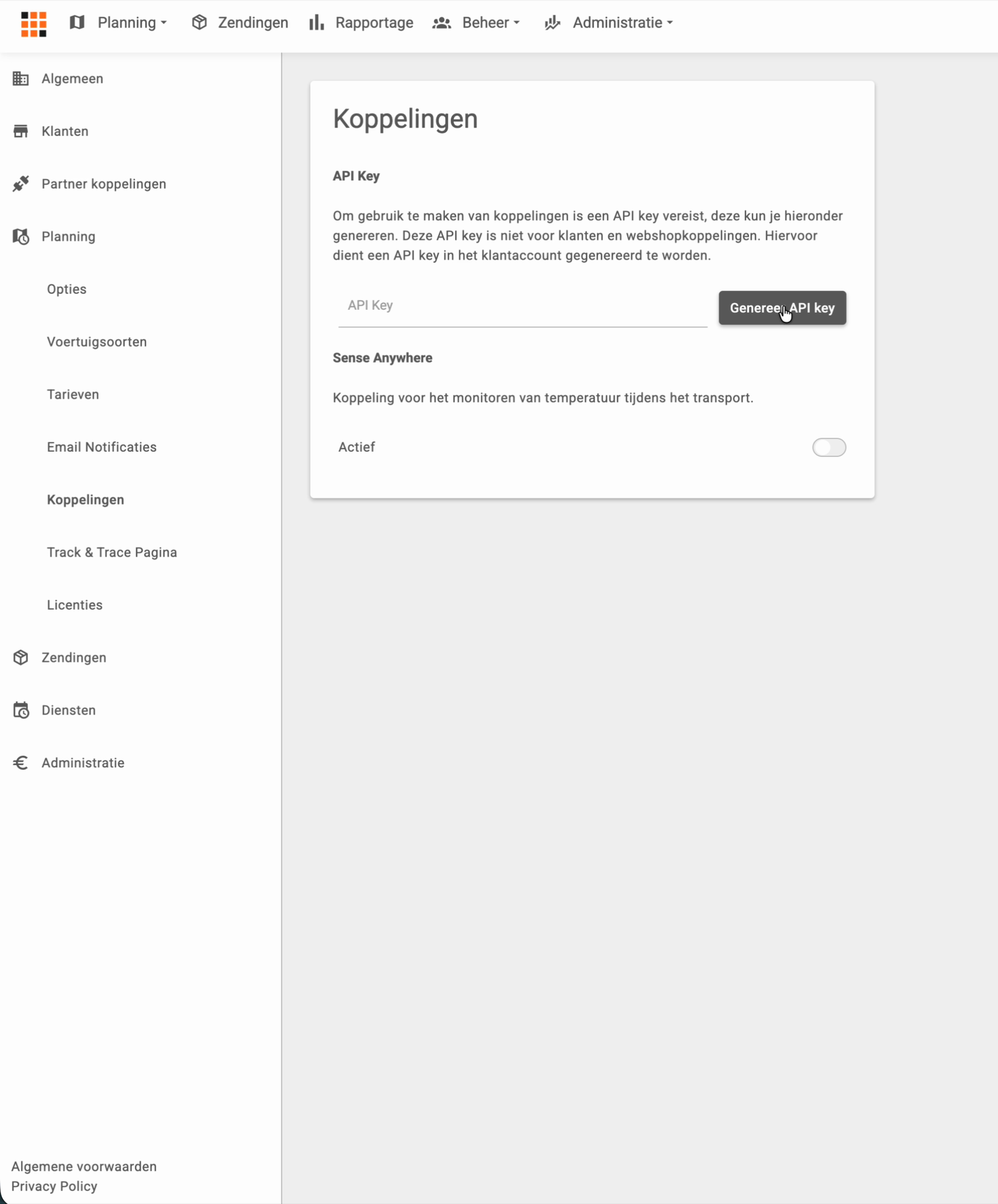 De pagina Koppelingen met het veld API Key, de knop Genereer API key en de koppeling Sense Anywhere