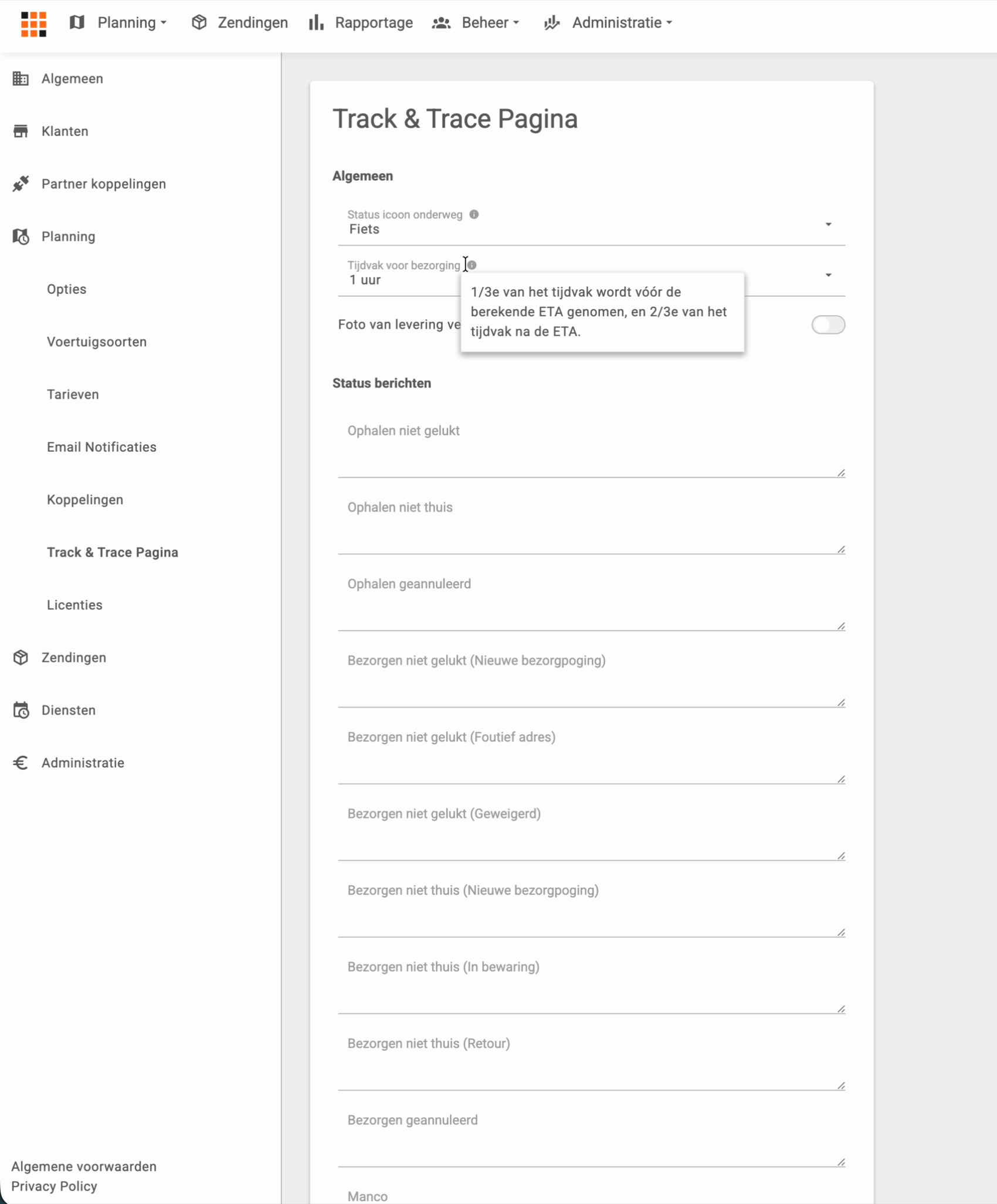 De pagina Track en Trace Pagina met het statusicoon, het tijdvak voor bezorging en de toelichting dat een derde van het tijdvak vóór de ETA valt