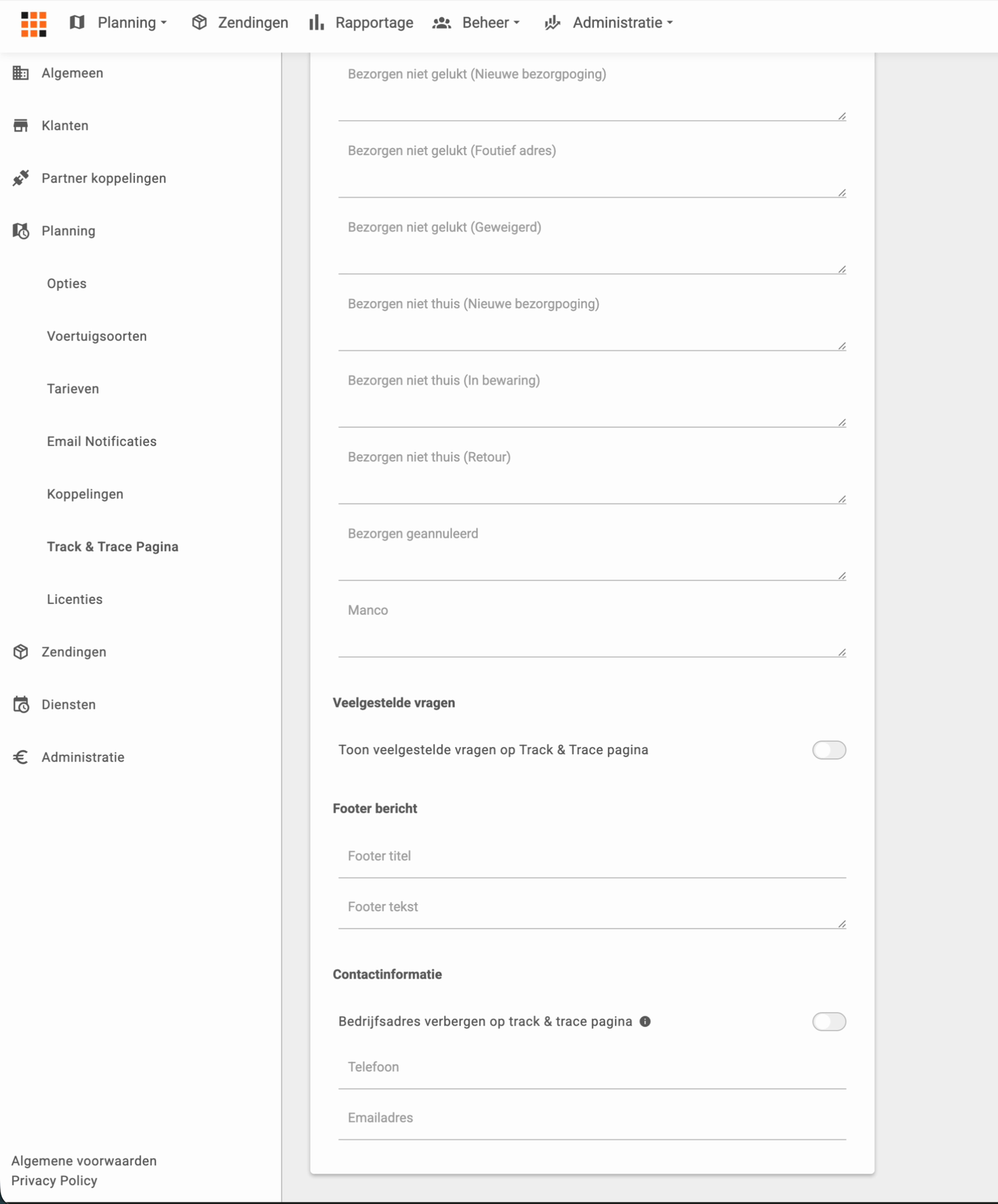 Het onderste deel van de pagina Track en Trace Pagina met de statusberichten, veelgestelde vragen, het footer bericht en de contactinformatie