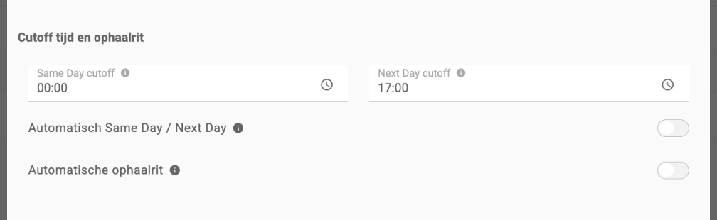 De instelling voor de automatische ophaalrit met de cutoff tijden en de schakelaars