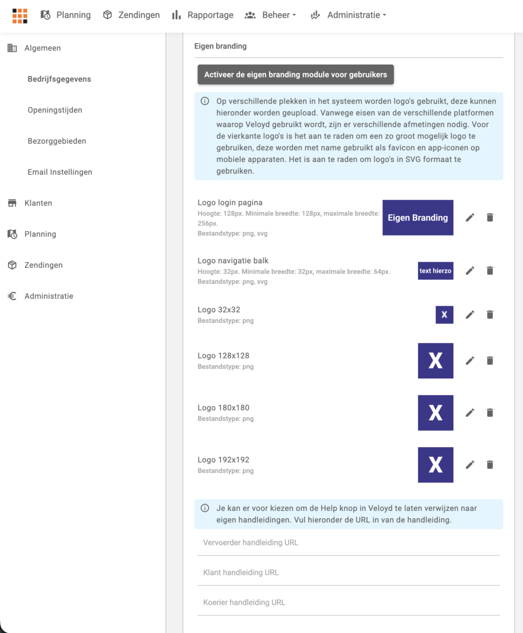 De pagina Eigen branding met de knop om de module te activeren en de logo-instellingen voor de loginpagina, de navigatiebalk en de vierkante formaten