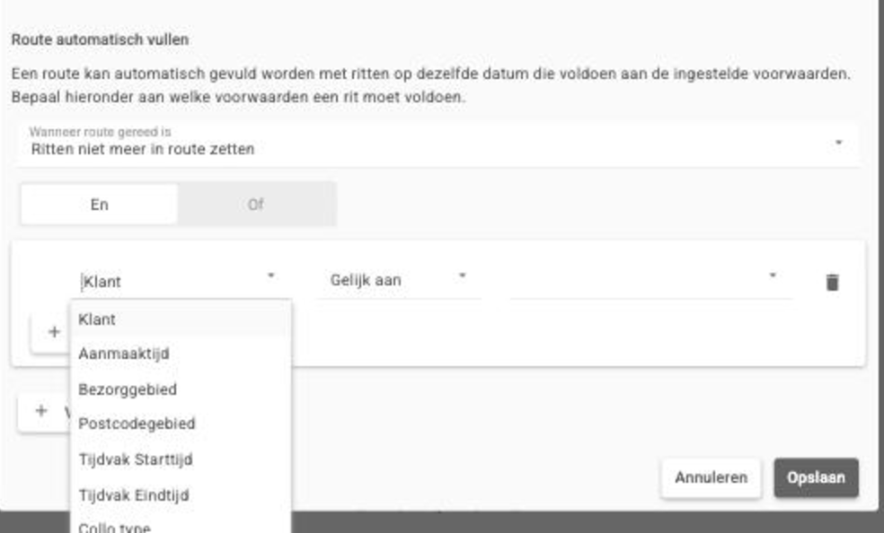 De sectie Route automatisch vullen met een voorwaardengroep en de geopende keuzelijst met voorwaarden zoals Klant, Aanmaaktijd, Bezorggebied en Postcodegebied