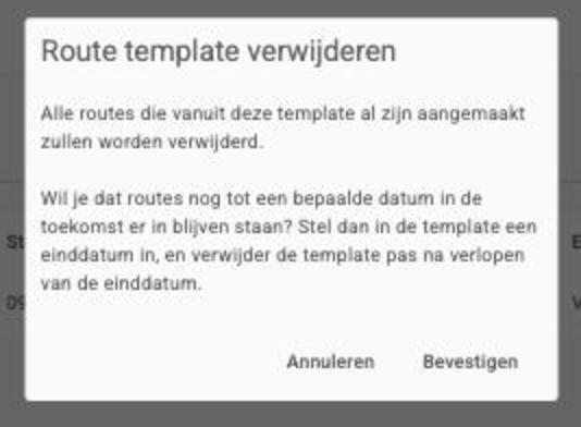 De bevestigingsdialoog Route template verwijderen met de waarschuwing dat alle routes uit dit template worden verwijderd