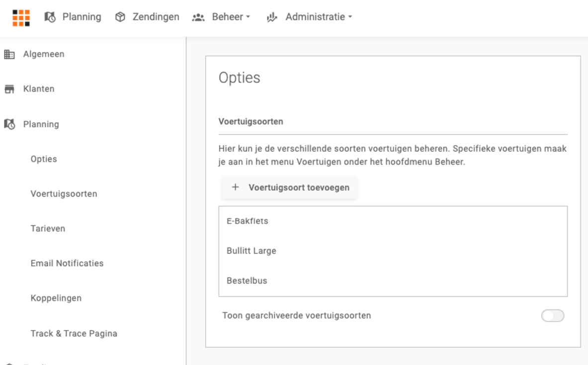 De pagina Opties onder Planning met de lijst voertuigsoorten en de knop Voertuigsoort toevoegen
